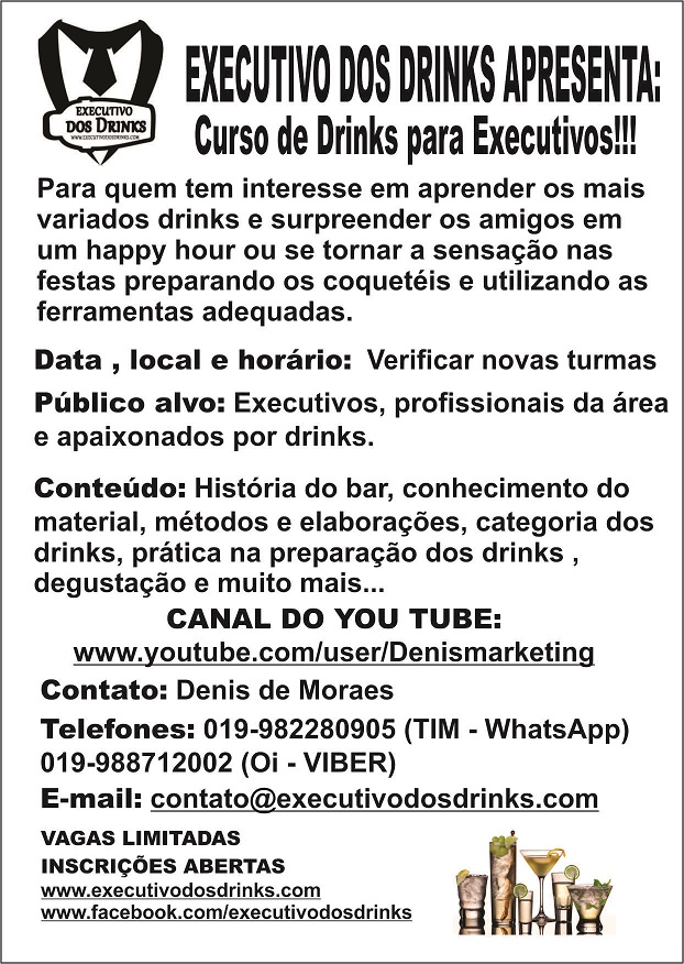 Curso de drinks O curso pode ser aplicado na própria residência do contratante
