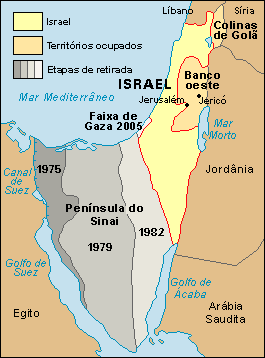 Mapa descrevendo a situação de Israel antes e depois do acordo Israel-Egito