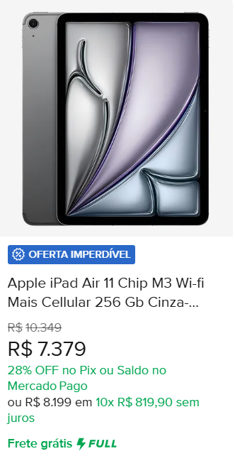 IPAD AIR 11 CHIP M3 WIFI MAIS CELLULAR 256GB CINZA, APPLE IPAD AIR 11 CHIP 256GB