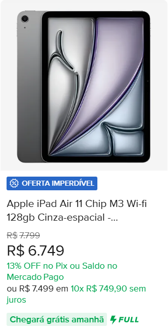 IPAD AIR 11 CHIP M3 WIFI 128GB CINZA ESPACIAL
