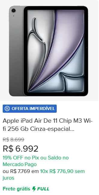 IPAD AIR 11 CHIP M3 WIFI 256GB CINZA ESPACIAL, APPLE IPAD AIR 256GB
