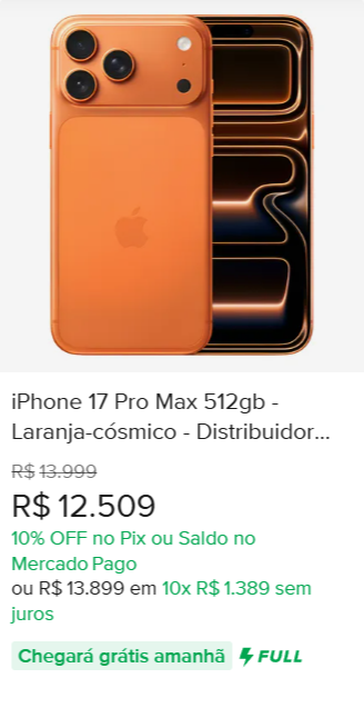 IPHONE 17 PRO MAX 512GB, IPHONE 17 PRO MAX LARANJA C&Oacute;SMICO