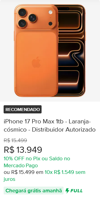 IPHONE 17 PRO MAX 1TB, IPHONE 17 LARANJA C&Oacute;SMICO