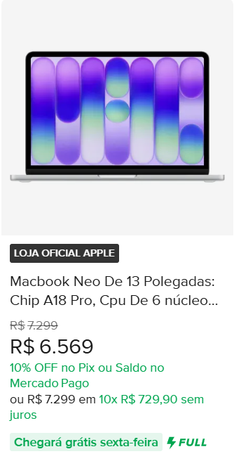 MACBOOK NEO 13 POLEGADAS CHIP A18 PRO CPU 6 N&Uacute;CLEO,