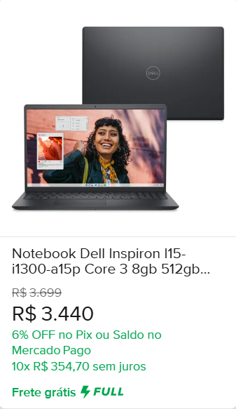NOTEBOOK DELL INSPIRON I5 I1300 A15P CORE 3 8GB 512GB