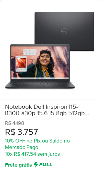 NOTBOOK DELL ISPIRON I15 I1300-A30P 15.6 I5 8GB 512GB