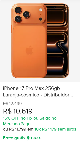 IPHONE 17 PRO MAX 256GB, IPHONE 17 LARANJA C&Oacute;SMICO,